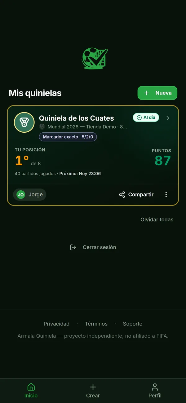 Pantalla de inicio con las quinielas del usuario, gratis para unirse