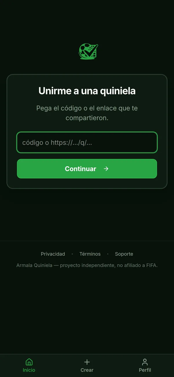 Pantalla para unirse a una quiniela pegando el código o el enlace que te compartieron