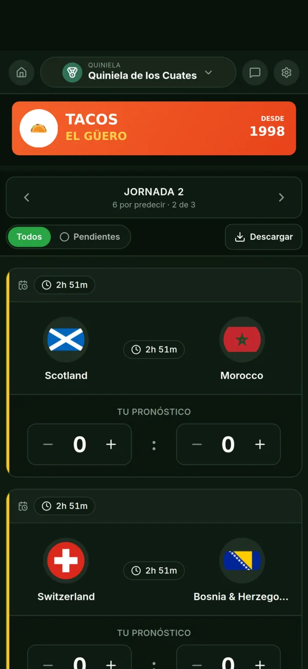 Pantalla de una quiniela con el logo y el nombre del negocio (una taquería) en la parte superior