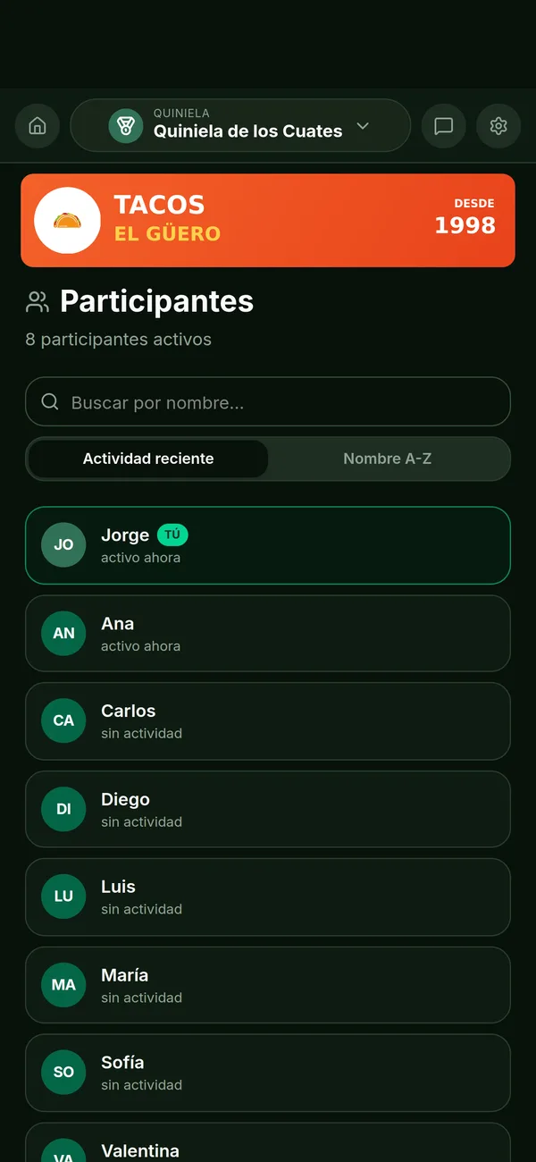 Lista de participantes activos de la quiniela, con el logo del negocio arriba, durante el torneo