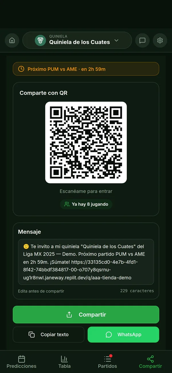 Pantalla para compartir la quiniela con un código QR listo para escanear